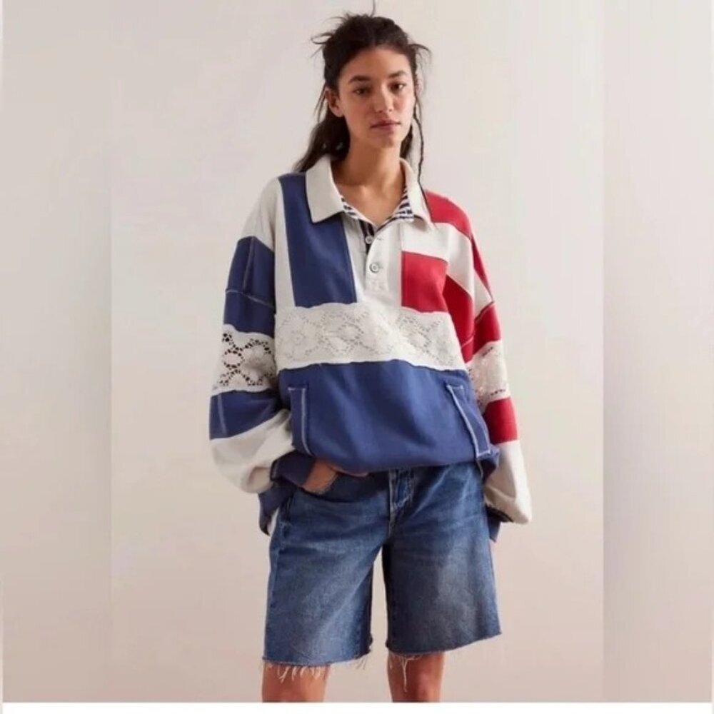 Free People We the Free American Dream Polo Pullover Size XL Oversized - Picture 2 of 7